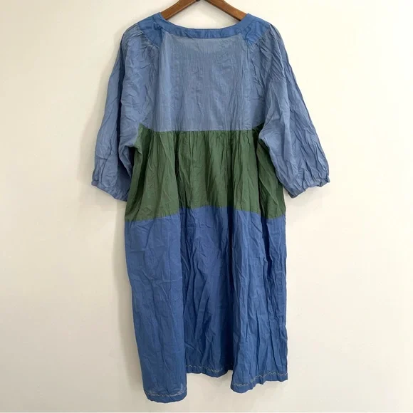 Gudrun Sjõdén 100% Cotton Green Blue Kaftan-Style ¾-Sleeve Maxi Crinkle Dress XL - Picture 4 of 12